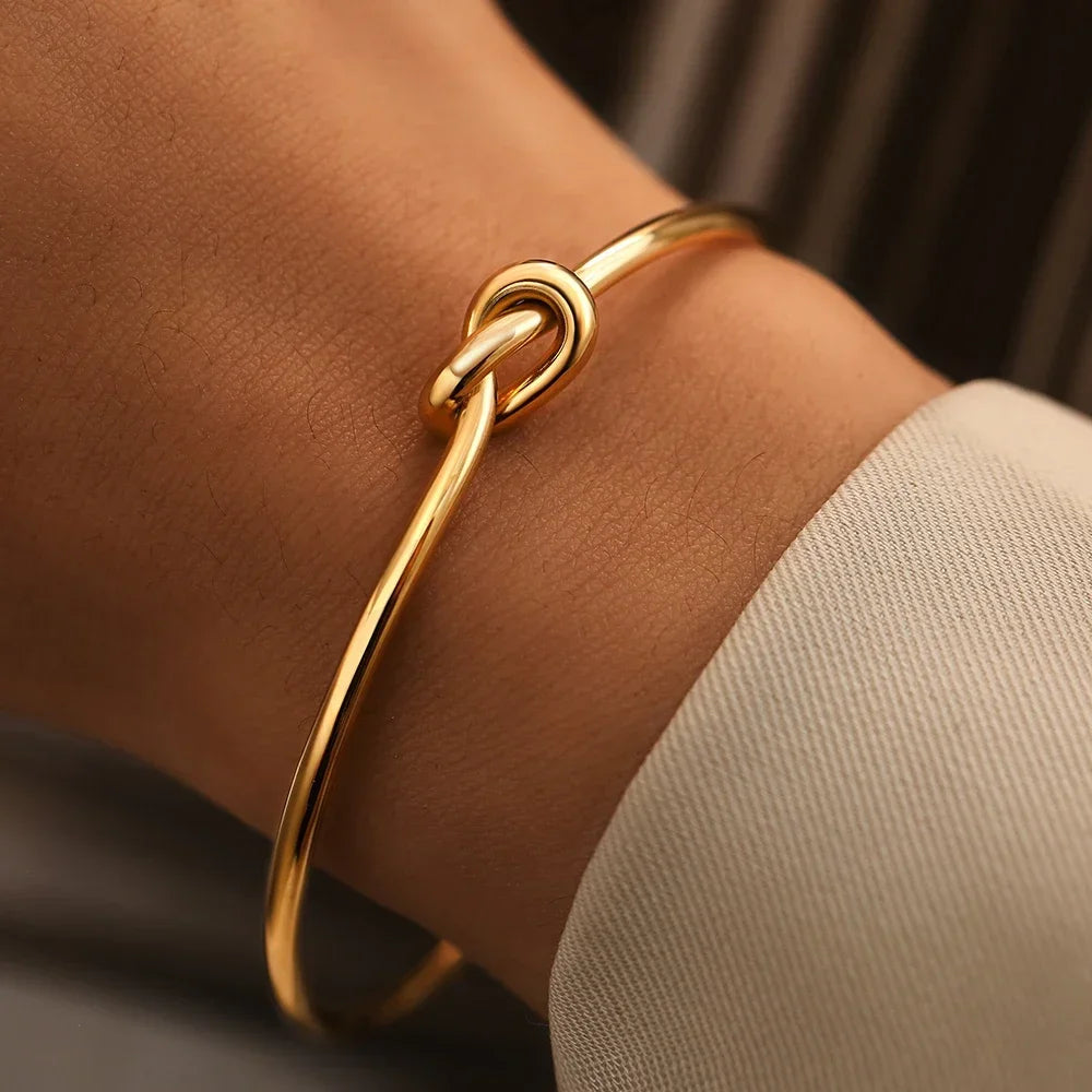 Minimalist Love Knot Cuff Bracelet – Gold & Silver Open Bangle